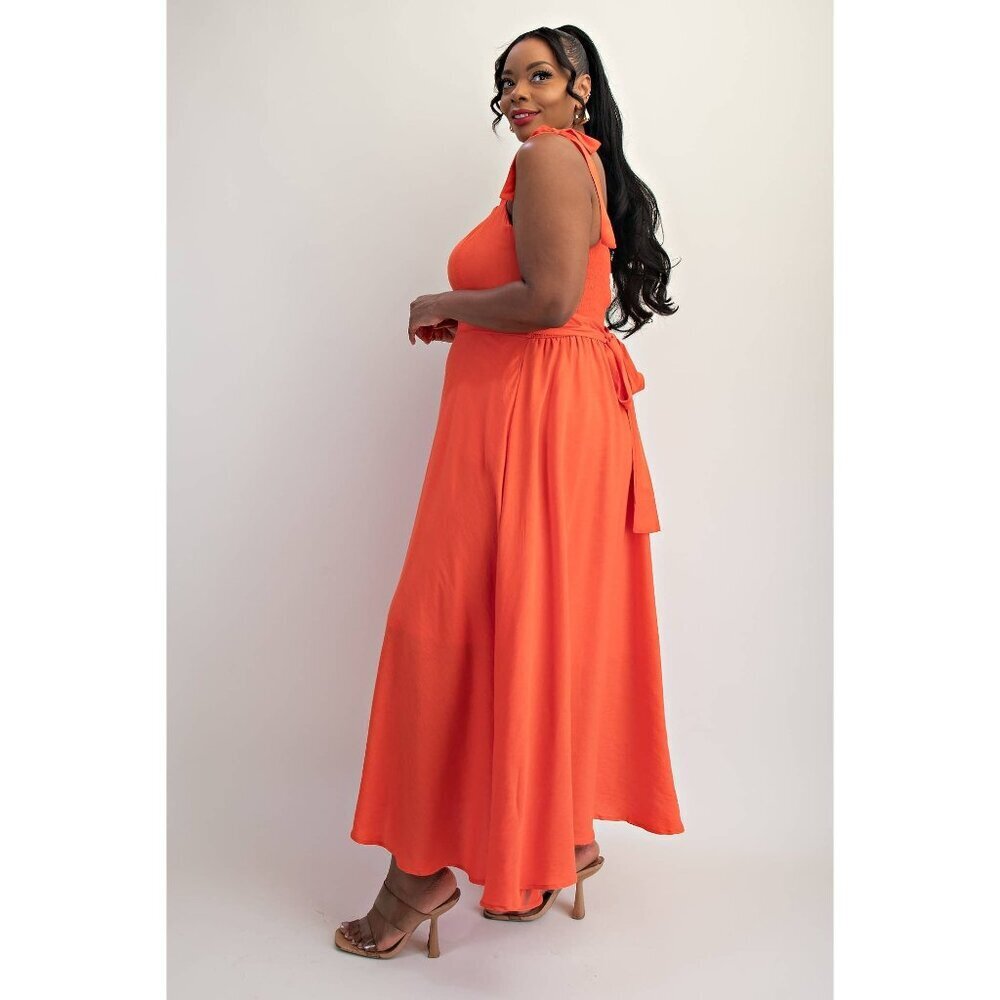 Orange Plus Size Tie Shoulder Woven Midi Dress - Picture 4 of 6